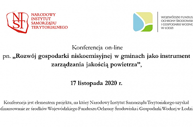 Plansza z logotypami organizatorów (NIST oraz WFOŚiGW) z napisem „Rozwój gospodarki niskoemisyjnej w gminach jako instrument zarządzania jakością powietrza”, 17 listopada 2020 r.